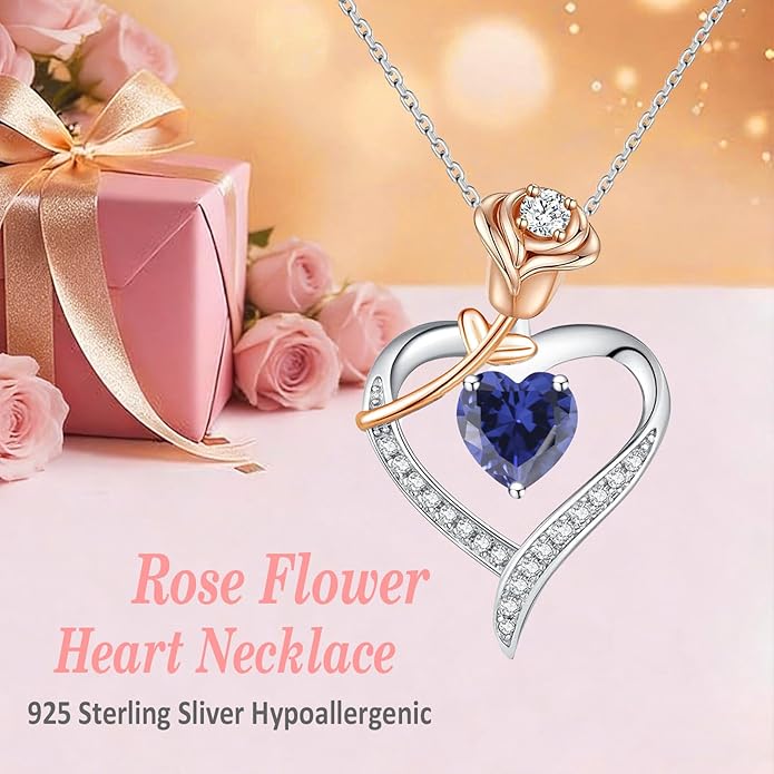 immobird Rose Gold Heart Necklace Birthstone Jewelry Sterling Silver Jewelry Plated White Gold Valentine's Day Gift Women for Wife Mom Necklace for Women