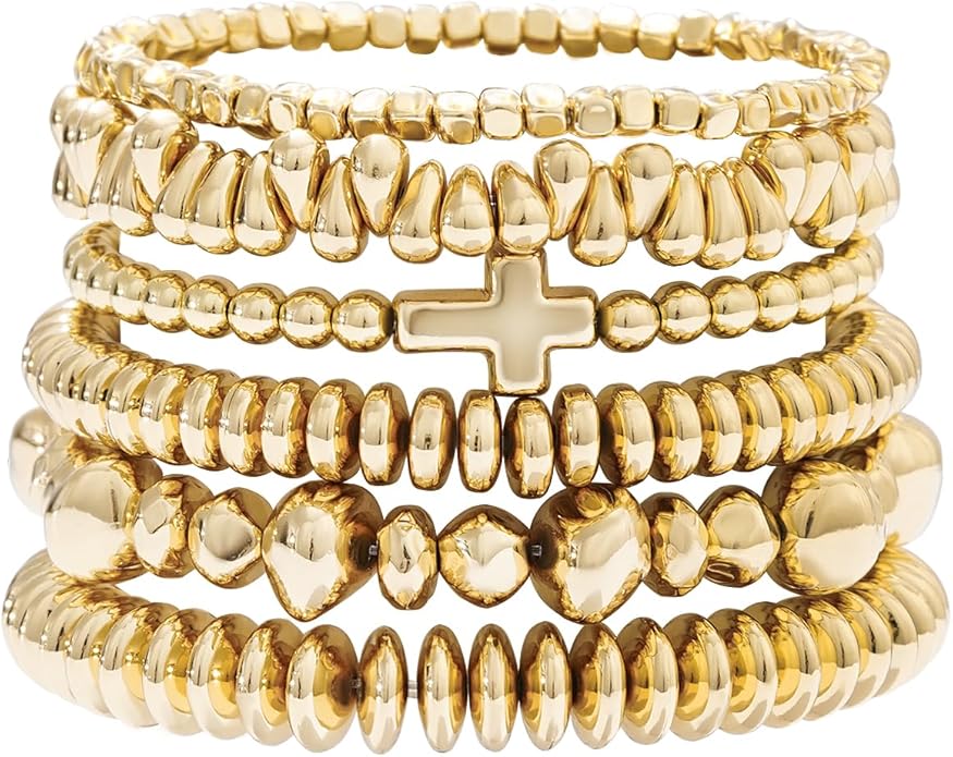 GOOJIDS Surfer Heishi Clay Bead Bracelets for Women Bohemian Stackable Gold Plated Beaded Stretch Bracelets Elastic Layering Friendship Bracelets Set Boho Jewelry