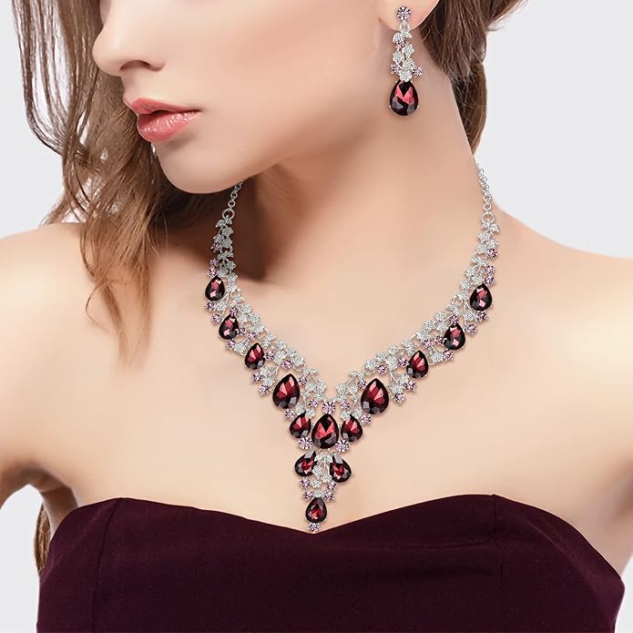BriLove Women's Wedding Bridal Austrian Crystal Teardrop Flower Cluster Statement Necklace Dangle Earrings Jewelry Set for Party Prom