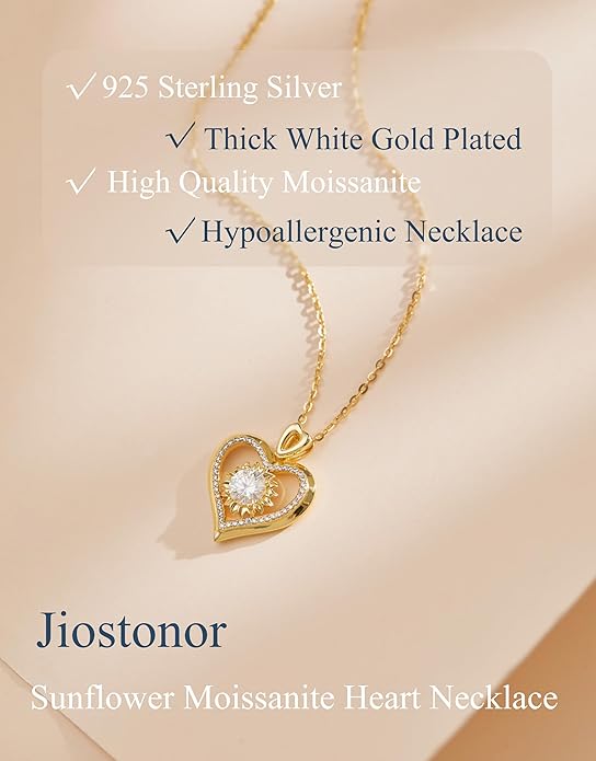 Sunflower Moissanite Heart Necklace for Women, Anniversary Birthday Gift for Wife, S925 Silver Moissanite Lab-Created Gem Jewelry for Her Girlfriend Mom