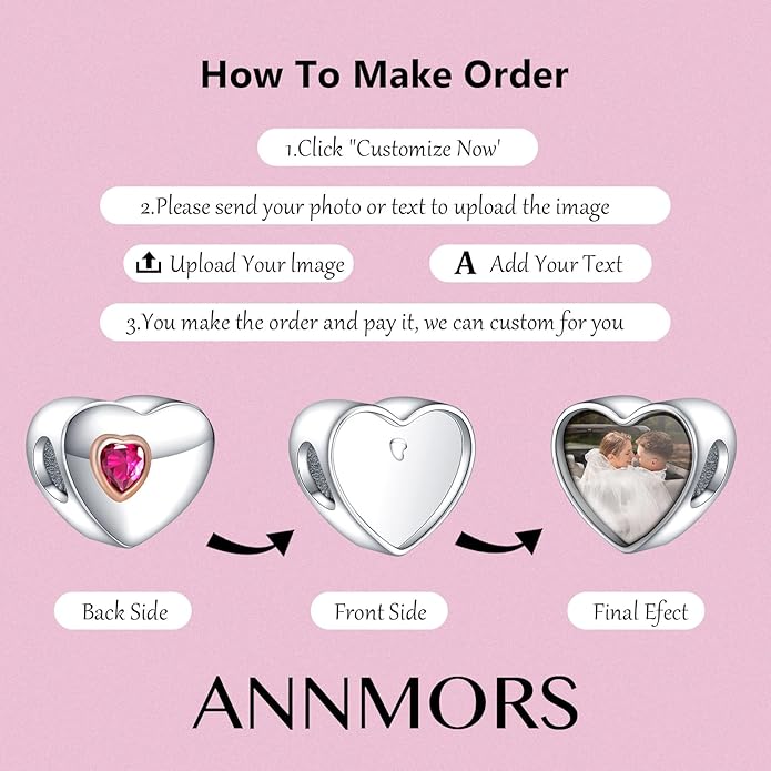 Annmors Personalized Photo Charms For Bracelets/Necklace 925 Sterling Silver Love Heart Shaped Engraved Customize Picture Gift for Birthday Mother's Day,Bead Charms Jewelry for Women