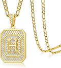 Initial Letter Pendant Necklace for Men Women, 14K Gold Square Monogram Alphabet Necklace with Figaro Chain, Valentines Day Birthday Gifts for Him Her