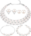 Glenmal Pearl Rhinestone Jewelry Set for Women Pearl Necklace Bracelet Earrings for Wedding Birthday Bridal Shower Tea Party