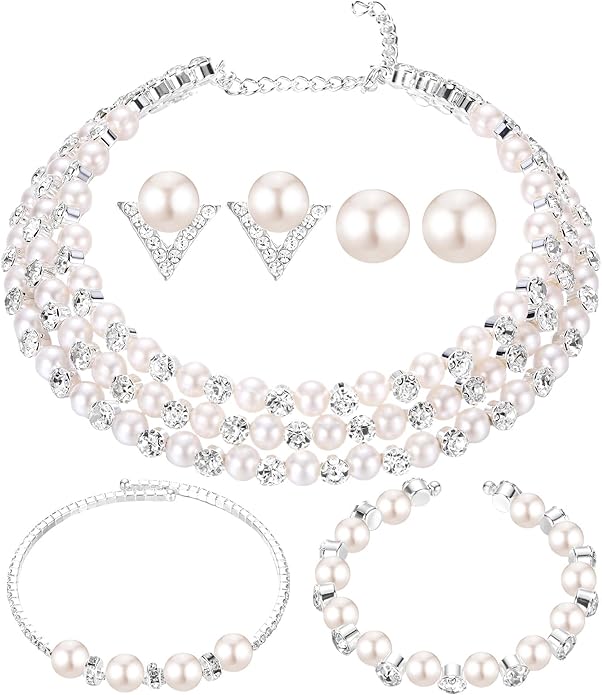 Glenmal Pearl Rhinestone Jewelry Set for Women Pearl Necklace Bracelet Earrings for Wedding Birthday Bridal Shower Tea Party