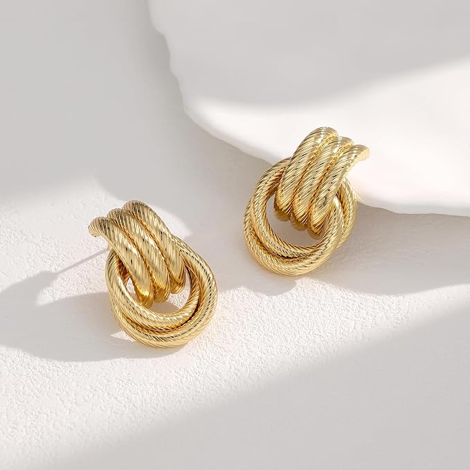 Chunky Knot Link Earrings, Circle Statement Drop Dangle Studs for Women Trendy Jewelry, L