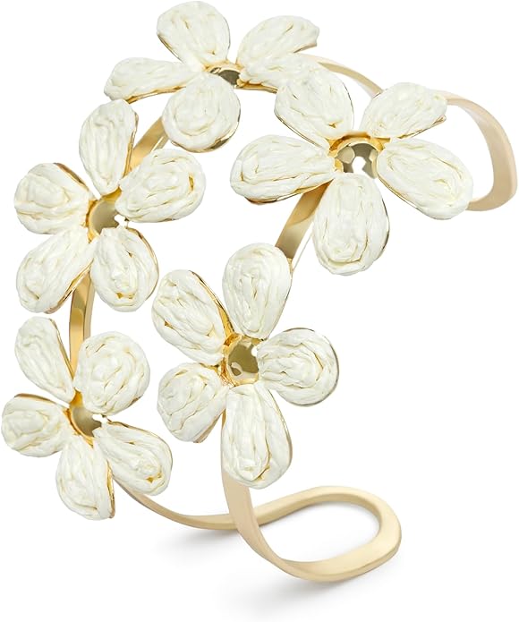 Raffia Flower Cuff Bangle Bracelet for Women, Adjustable Boho Floral Wide Open Bangle for Summer Beach, Handmade Trendy Rattan Jewelry