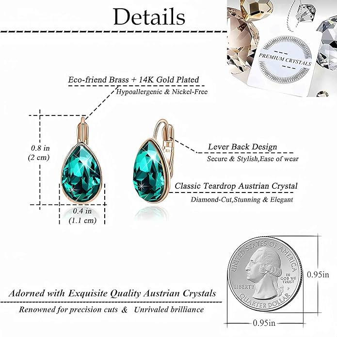 Teardrop Austrian Crystal Leverback Drop Earrings for Women 14K Rose Gold Plated Hypoallergenic Jewelry