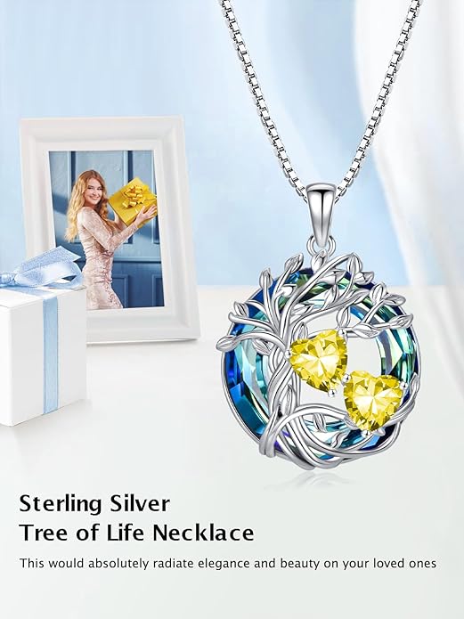 TOUPOP s925 Sterling Silver Family Celtic Tree of Life Pendant Necklaces with 2 Heart Birthstone with Blue Austrian Crystal Jewelry Birthday Valentines Day Gifts for Her, Anniversary Christmas Gifts for Wife Girlfriend Mom (18K Real White Gold Filled)