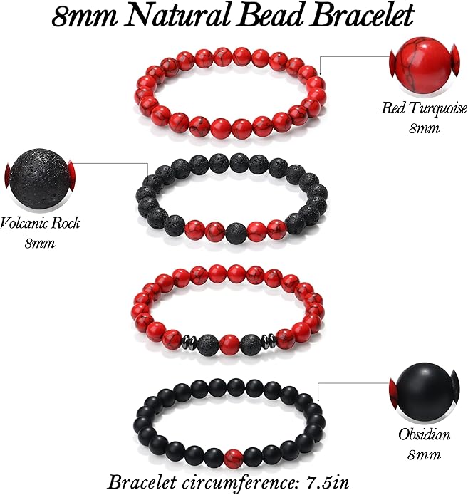 XIANNVXI Natural Stone Beads Bracelet for Men Crystal Bracelets 8MM Tiger Eye Lava Rock Obsidian Beaded Bracelet Set Black/Red/Blue Crystal Beaded Bracelets for Men