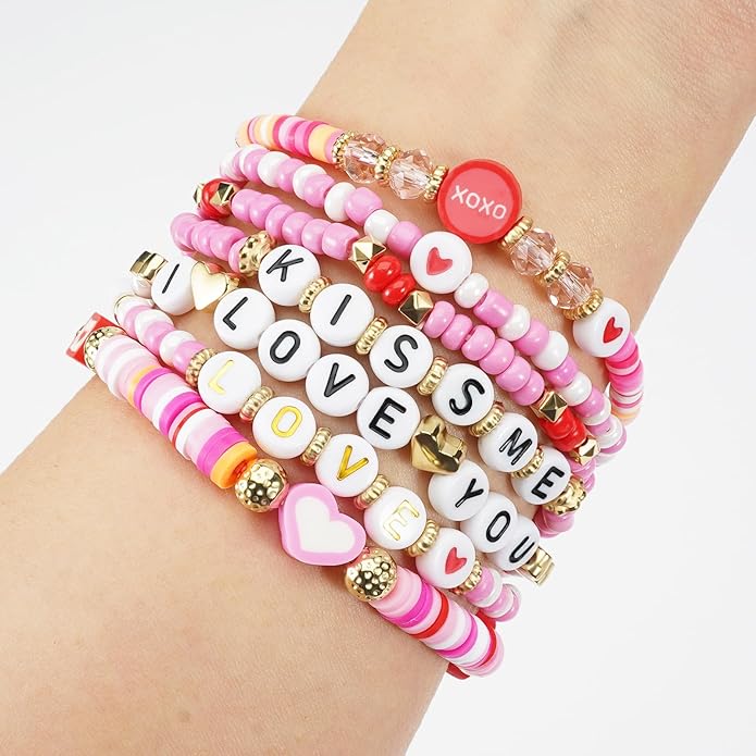 Beaded Bracelet for Women Pink Love Heart Stretch Bracelets Accessories