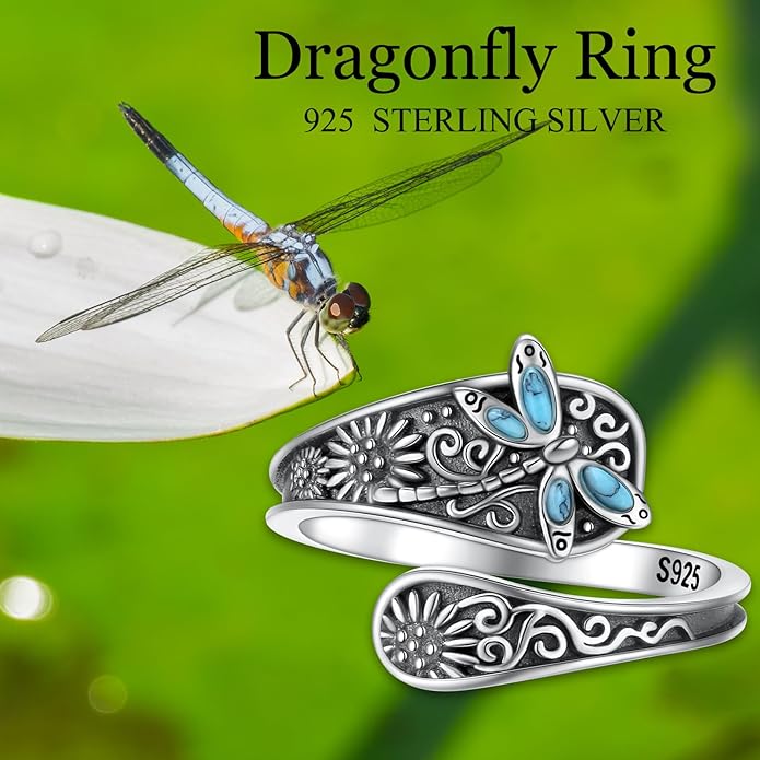 925 Sterling Silver Spoon Rings Butterfly/Dragonfly/Hummingbird/Cross Adjustable Sunflower Thumb Ring For Women Turquoise Boho Ring Vintage Rings Unique Jewelry Present for Christmas Mother's Day