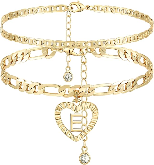YANODA Initial Ankle Bracelets for Women 14K Gold Plated Layered Figaro Chain Letter Initial Anklets Handmade Layered Heart Ankle Bracelets Personalized Jewelry for Women