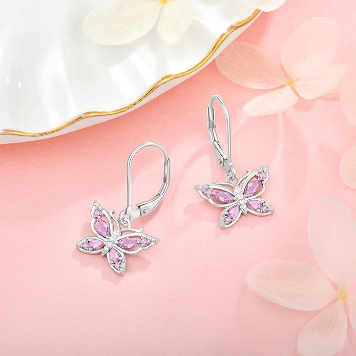 Women's Butterfly Leverback Dangle Earrings 925 Sterling Silver 5A Cubic Zirconia Jewelry for Valentine Mother's Day Birthday Gifts for Her