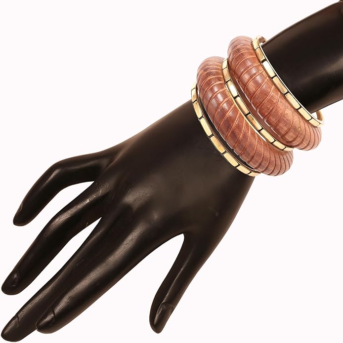 Touchstone wood bracelets for women bangle wooden jewelry handmade artisan bangles natural handcrafted brown olive stylish chunky boho bohemian bracelet brass metal inlaid woods stackable