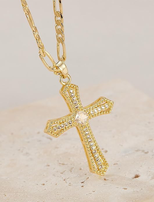 14K Gold Plated Cross Necklace for Women, Cubic Zirconia Copper Cross Pendant, Valentine's Mother's Day Gifts for Her with Jewelry Box Figaro Link Chain, Alloy Brass CZ Diamond Bridal Wedding