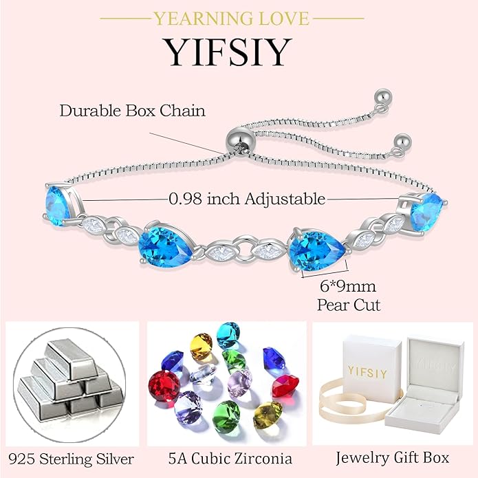 Teardrop Birthstone Bracelet for Women, S925 Sterling Silver Pear Cut Cubic Zirconia Bracelet Dainty Adjustable Chain Jewelry Gift for Her