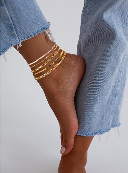 Gold Ankle Bracelets for Women,14k Gold Plated Anklets Waterproof Cuban Link Tennis Herringbone Beaded Chain Anklets Set Layered Anklet Bracelets for Women Adjustable Summer Beach Jewelry 5pcs