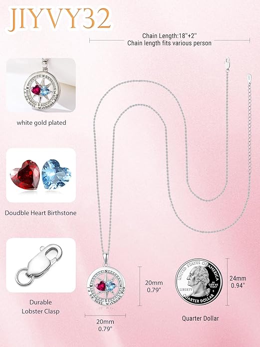 Compass Necklace for Women, Exquisite S925 Valentines Day Anniversary Birthday Gifts for Wife Her Double Birthstone Pendant Jewelry ‘I'd be Lost Without You’