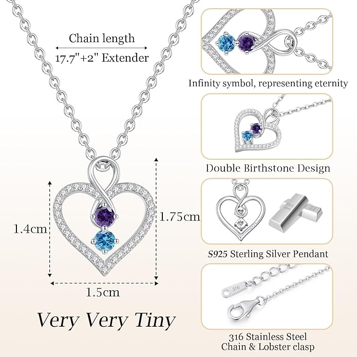 LOUISA SECRET Infinity Double Birthstone Necklace, 925 Sterling Silver Tiny Pendant Heart Necklace for Women Wife Her, Best Jewelry Gift Heart Jewelry Meaningful Gift for Valentine's Day, Christmas, Birthday Anniversary