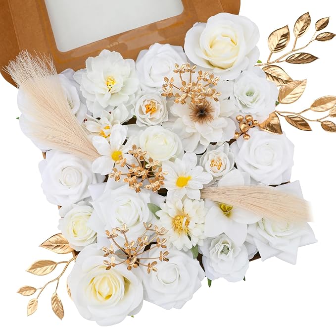 Artificial Flowers Combo Pure White Flowers Mix Silk Flowers Fake Roses by FloweroyalCrafts