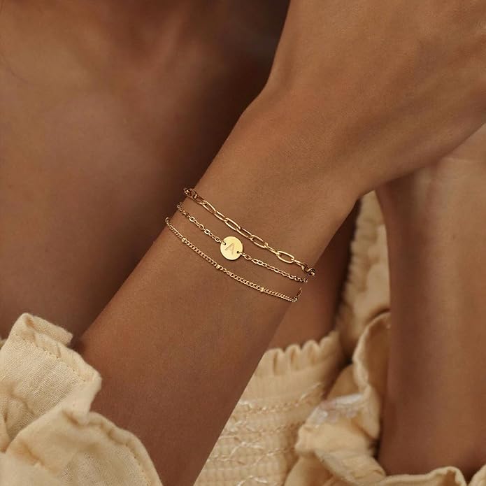 Valentines Day Gifts - Gold Initial Bracelets for Women - 18K Gold Plated over Stainless Steel Letter Charm Bracelet with Layered A to Z Design - Birthday Christmas Jewelry Gifts