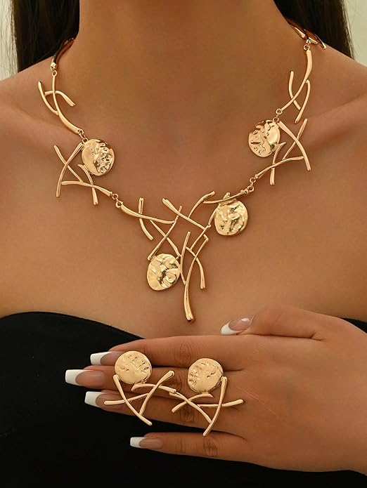 Retro Minimalist Geometric Choker And Necklace Sett For Women Chunky Jewelry Streetwear Jewelry Vintage Coin Medallion Collar Necklace And Earring Sets For Women