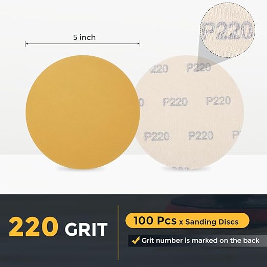 HARFINGTON 100 Pcs 5 Inch Sanding Discs 220 Grit Yellow Aluminum Oxide | Hook - Image 2