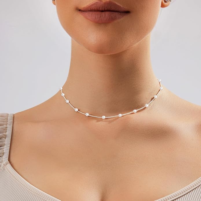 Zeffy Pearl Necklace 4MM/6MM/8MM Dainty Round Imitation Pearl Choker Necklace Wedding Pearl Necklace Delicate Jewelry for Women Simple Bridesmaid Jewelry Gifts