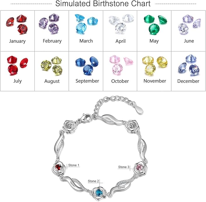 Personalized Simulated Birthstone Bracelets Adjustable Rose Flower Chain Charm Bracelet with 1-5 Name Initial Engraved for Women Mom Christmas Gifts