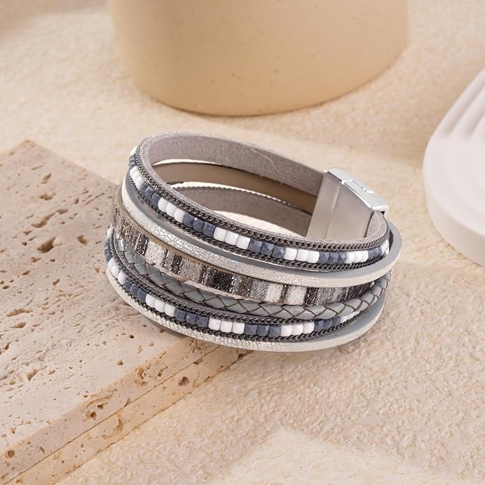 Wrapped Bracelets for Women,Leather Bracelet,Boho Bracelets for Women,Multi-Layer Pearl Crystal Bracelet Bangle Jewelry