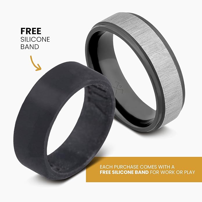 Manly Bands: Mens Black Plated Tungsten and Black Zirconium Wedding Bands and Rings - Comfort Fit and Stylish Black Rings for Men, Free Silicone Ring Included