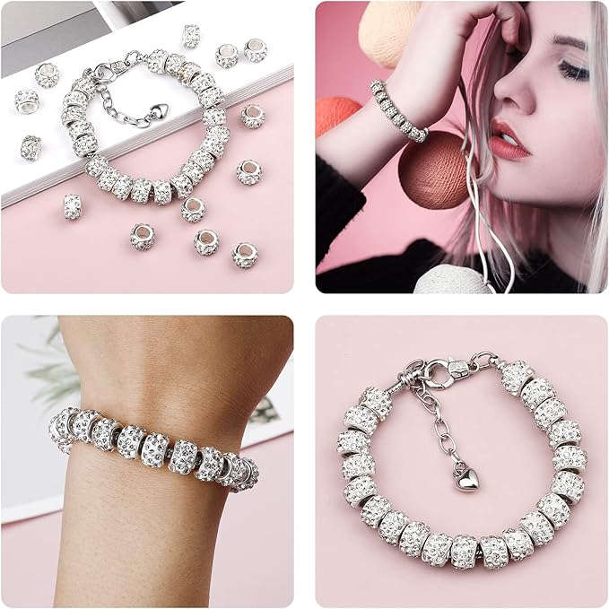 200 PCS European Large Hole Beads Rhinestone White European Beads Crystal Large Hole Craft Beads for DIY Charms Bracelet Jewelry Making