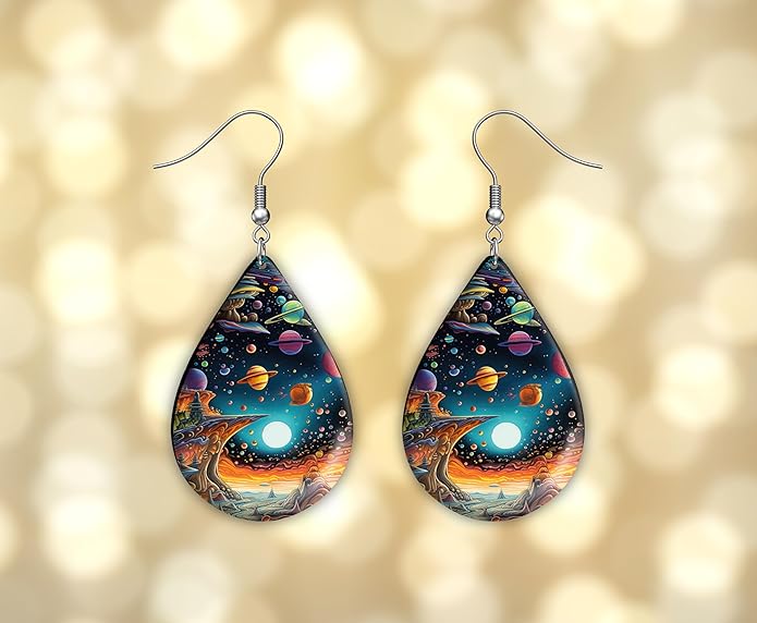 Teardrop Wood Earrings Light Weight Printed Image Dangle Jewelry, Fun and Funky