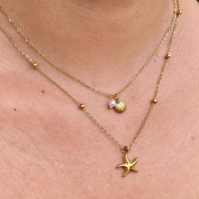 Shell Starfish Necklace for Women, 14k Gold Plated Boho Layered Beaded Charm Pendant Necklace, Dainty Adjustable Pearl Conch Summer Beach Vacation Jewelry Gifts
