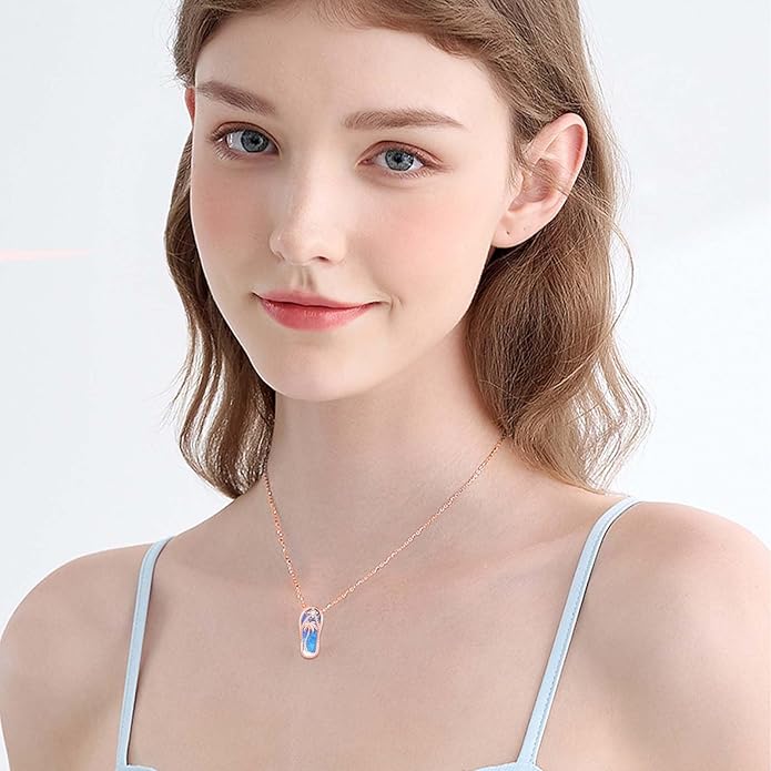 Midir&Etain Ocean Necklace 925 Sterling Silver Blue Opal Necklace Starfish/Flip Flop/Shark Pendant Beach Ocean Jewelry for Women