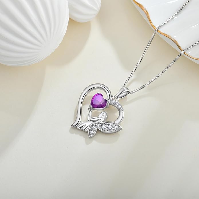 Guardian Angel Necklace 925 Sterling Silver Heart Angel Wings Pendant Birthstone Jewelry for Women