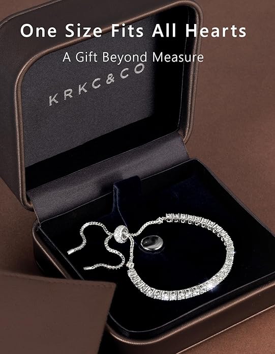 KRKC&CO Moissanite Bolo Tennis Bracelets for Women, 1.6-8.0 ct.tw, Adjustable Length S925 Sterling Silver, Christmas Gifts for Her, Luxury Box, 2/3/4mm D Color VVS1 White/14K/24K/Rose Gold Plated