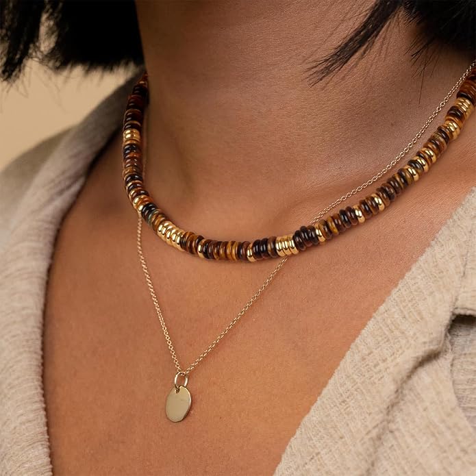 Beaded Necklace for Women, Colorful Boho Beach Handmade Bead Choker, 14K Gold Plated Stackable Bohemian Multicolor Natural Stone Necklace