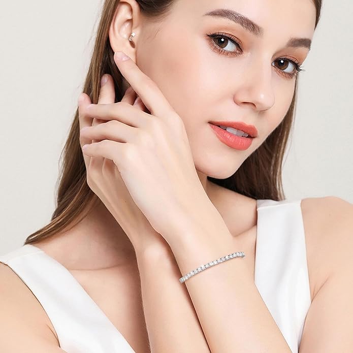 Moissanite Tennis Bracelet 1.79ct-8.69ct Adjustable Bracelet for Women 18K White Gold Plated S925 Sterling Silver Tennis Bracelet D Color VVS1 Round Cut 2/3/4mm Moissanite Bracelet Gifts for Wife/Mom