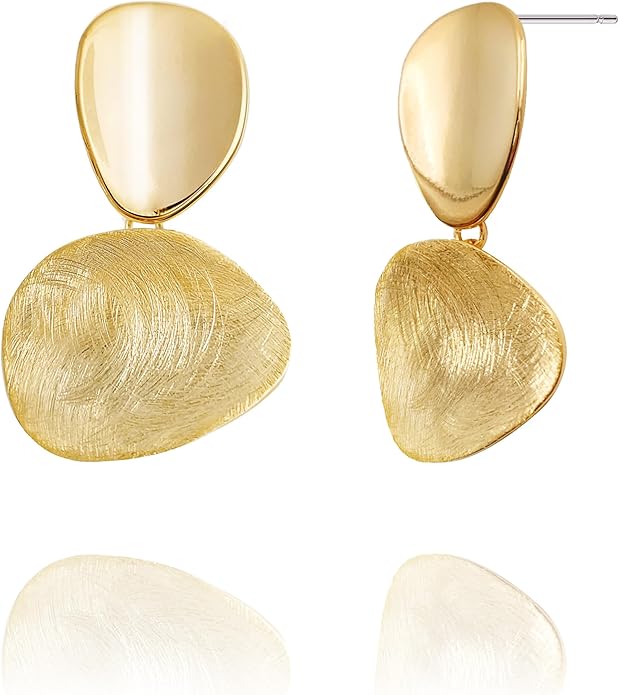 OZEL Gold Dangle Earrings for Women Brushed Finish, Matte Gold Statement Jewelry, 14k Gold Plated