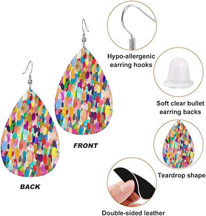 Colorful Watercolor Teardrop Earrings For Women, Dangle Earrings Jewelry For Women, Lightweight Faux Leather Earrings Gifts