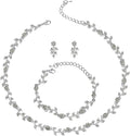 BriLove Wedding Jewelry Set for Women Bride, Gorgeous Stunning Crystal Flower Leaf Cluster Choker Necklace Link Bracelet Stud Earrings Bridal Bridesmaid