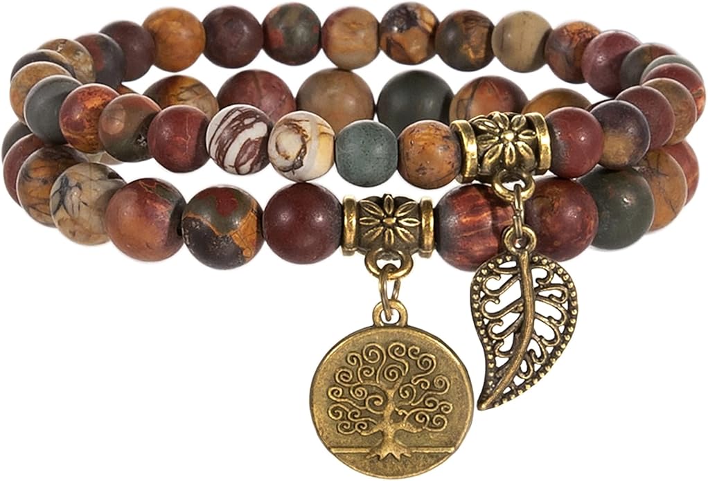 Bivei Natural Semi Precious Gemstone beads bracelet for women - Life Tree and Leaf Charm Energy Reiki Crystal Stretch Bracelets