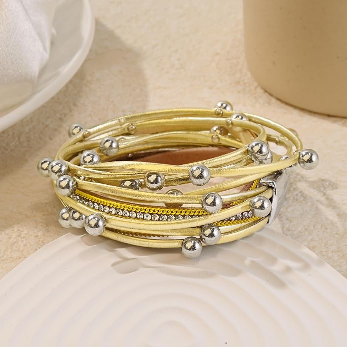 Wrapped Bracelets for Women,Leather Bracelet,Boho Bracelets for Women,Multi-Layer Pearl Crystal Bracelet Bangle Jewelry