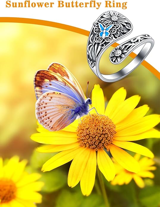 Midari Sun and Moon/Bee/Celtic/Life of Tree/Lotus Spoon Ring for Women 925 Sterling Silver Adjustable Ring Open Ring for Women Men Halloween Birthday Gift