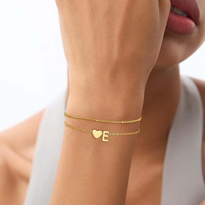 Valentines Day Gifts for Kids Women Girls, 14K Gold Plated Heart Initial Bracelet Teen Girl Gifts Trendy Stuff Dainty Gold Bracelets for Women Girls Valentines Day Gifts