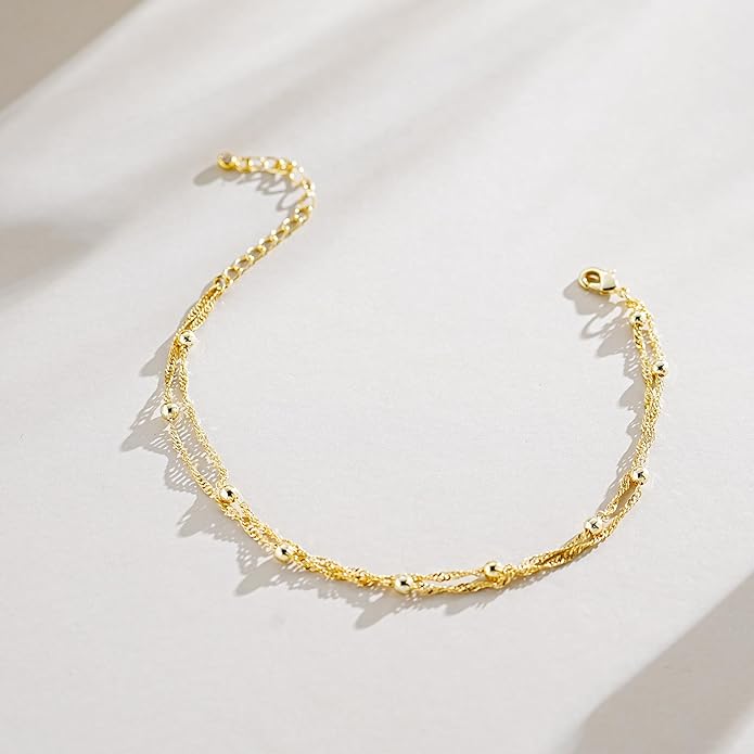JINEAR Gold Ankle Bracelets for Women，14K Gold Plated Waterproof Chain Herringbone Layered Beaded Anklets Adjustable Summer Beach Jewelry Gift for Women