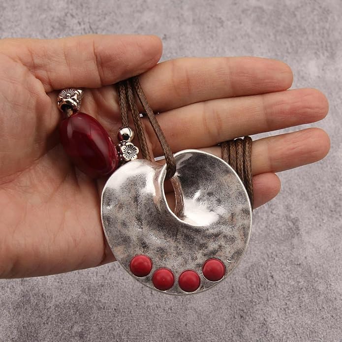 Boho Necklaces for Women Chunky Circle Necklace Layered Boho Circle Leather Choker Necklace Long Vintage Necklaces Bohemian Jewlery Gifts