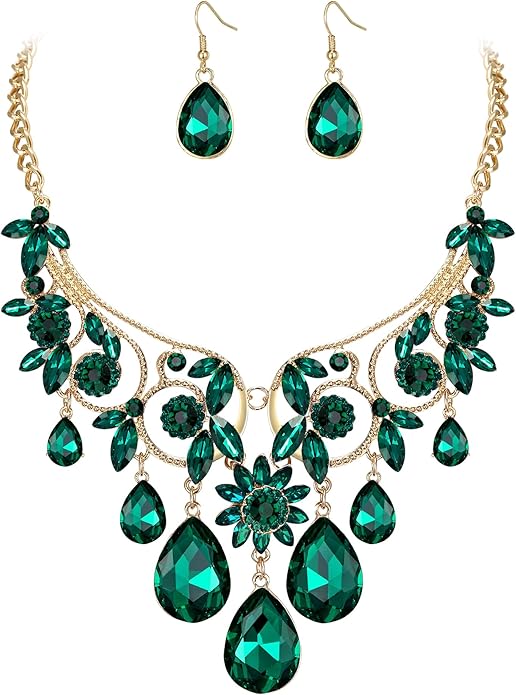 BriLove Women's Tribal Ethnic Crystal Chunky Statement Necklace Dangle Earrings Set
