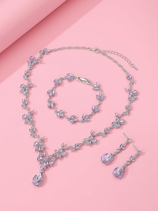 Bridal Wedding Elegant Floral Jewelry Set for Women/Brides/Bridesmaids Crystal Jewelry Set for Wedding Prom Party Bridal Crystal Necklace Earrings Bracelet Set